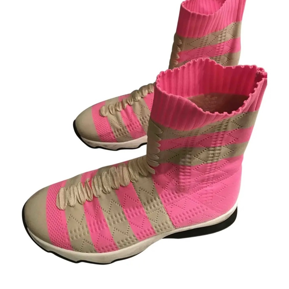 Stylish Pink and Cream Women's High-Top Fendi boots